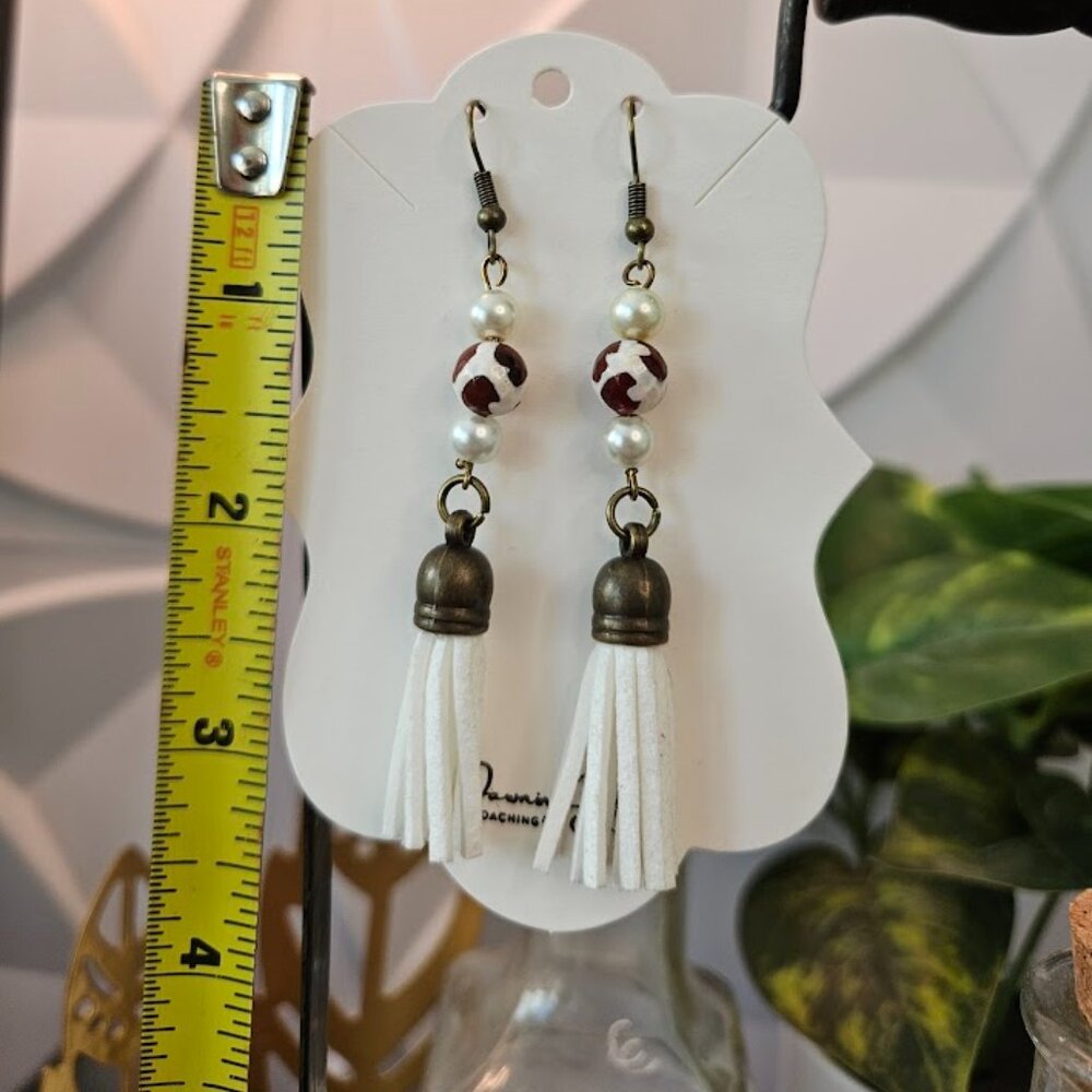 Western Lightweight Cow Print, White leather Beaded Dangle Earrings - Picture 4 of 4